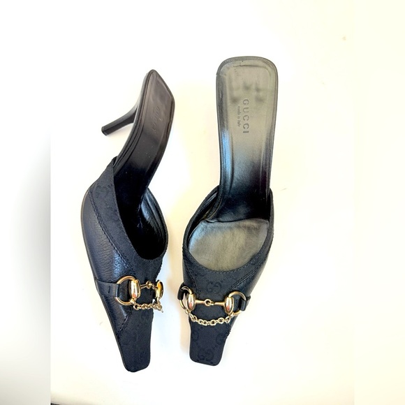Gucci Vintage Black GG Canvas Leather Chain Horsebit Mule Heels 9.5 - Picture 1 of 9